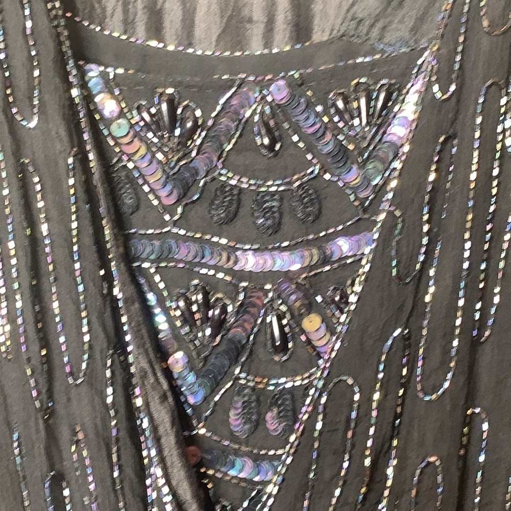Vintage India Silk Black Beaded Sequin Cocktail Tiered Ruffle Art Deco Dress L - Picture 6 of 15